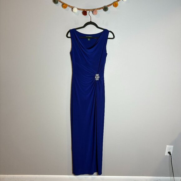 Lauren Ralph Lauren royal blue slit maxi dress ruched embellished - Picture 2 of 6